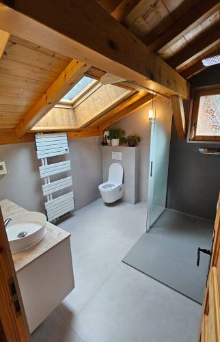 WC suspendu et faïence complète dans une salle de bain rénovée à Samoëns