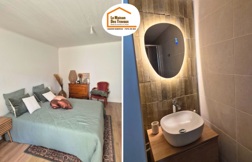 rénovation maison Beaumont, rénovation salle de bain Haute-Savoie, parquet stratifié moderne, faïence zellige salle d’eau, courtier rénovation intérieure, la maison des travaux