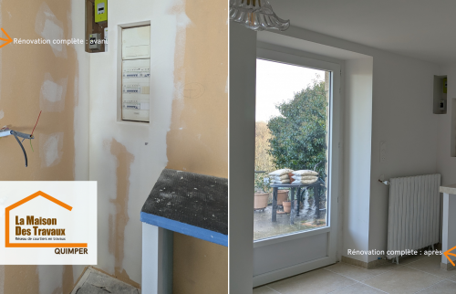 Phase de travaux lors de la création de la buanderie, incluant préparation des murs, réseaux et finitions réalisées par des artisans qualifiés.