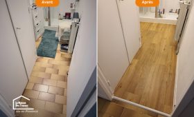 Avant/après de la rénovation d'un sol de salle de bains dans le Pays d'Aix avec la pose d'un revêtement PVC imitation parquet.