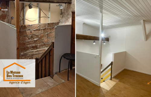 Transformation impressionnante du haut de l’escalier : cloison recréée, câbles dissimulés, et nouvelle circulation plus fluide et esthétique.