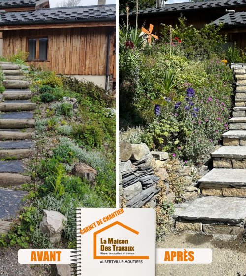 Améliorer esthétique escalier extérieur Belleville, Sécuriser accès maison Belleville 73440, Installation escalier béton extérieur Savoie, Pose revêtement pierres escalier Belleville, Rénovation escalier extérieur armature acier