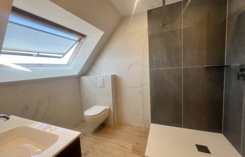 Douche contemporaine avec paroi vitrée dans une salle de bain sous combles rénovée. 