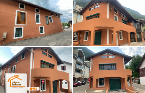 balcon sur façade, transformation maison La Léchère, ravalement façade architecte, artisan rénovation Albertville, maison rénovée en montagne