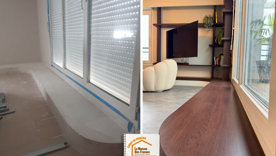 rénovation appartement contemporain, suite parentale design Savoie, vasque pierre intégrée, douche italienne moderne, projet rénovation clé en main