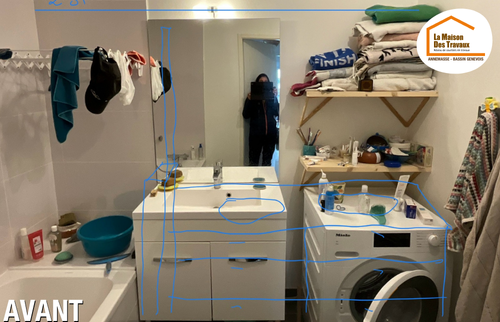 rénovation complète salle de bains, remplacement baignoire par douche, WC intégré salle de bains, meuble vasque design, carrelage effet pierre