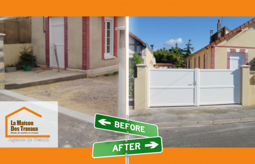 Transformation complète d’une entrée à Vesoul : remplacement d’un ancien portail par un modèle PVC blanc élégant et sécurisé.