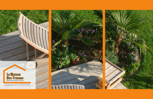 Zoom sur une terrasse en bois sur plots réglables et jardin aménagé