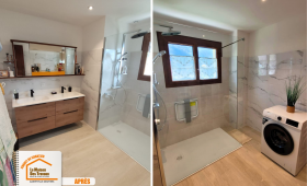 rénovation complète salle de bain, remplacement baignoire douche, éclairage LED encastré, carrelage beige naturel, rénovation intérieure Rognaix