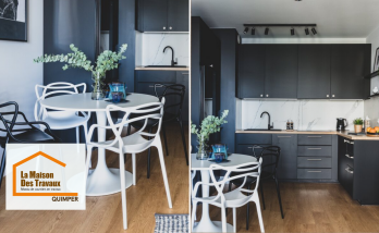 Aménagement d’un intérieur moderne autour de Pont-l’Abbé avec cuisine noire et bois ouverte sur l’espace de vie, pensé pour optimiser les volumes, la circulation et la luminosité au quotidien.