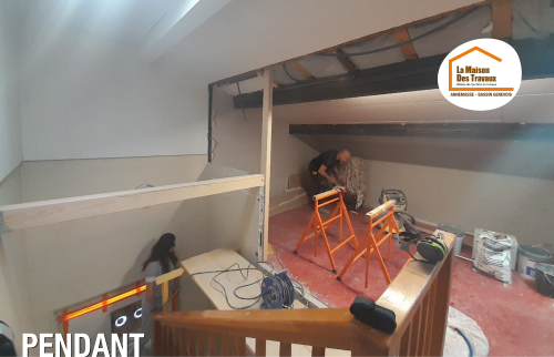 mezzanine moderne Ville-en-Sallaz, transformation grenier Annemasse, rénovation intérieure Haute-Savoie, aménagement maison Bassin Genevois, démolition mur grenier