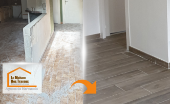 Cette photo montre l’état d’origine de la pièce avant rénovation, avec un carrelage classique et une cloison partielle séparant les espaces. 