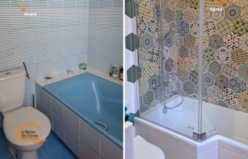 Transformation complète d’une ancienne salle de bain avec nouvelle baignoire, faïence décorative et paroi vitrée à Fumel.