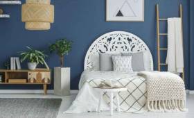 chambre design avec un mur bleu et des plantes décoratives