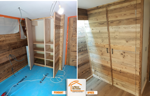 rénovation chambre savoyarde, design chalet moderne, chambre bois claire, menuisier Albertville recommandé, rénovation complète appartement