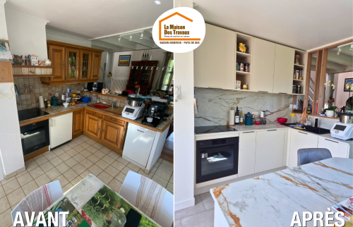 pose claustra bois, cuisine moderne plan effet marbre, rénovation pièce de vie 74100, artisans rénovation Bassin Genevois, aménagement cuisine fonctionnelle