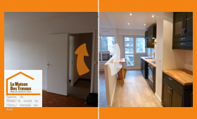 Découvrez une cuisine moderne ouverte sur le salon à Anet : du noir mat, du bois clair et une optimisation lumineuse au service du confort.