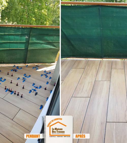 terrasse carrelage effet bois, rénovation extérieur appartement, aménagement terrasse montagne, travaux terrasse Praz-sur-Arly, la maison des travaux sallanches