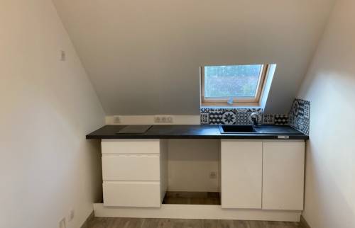 Intégration cuisine avec plaque vitro céramique et éviqier sous Velux second étage mezzanine- Cergy - 95000 -