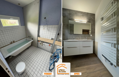 rénovation salle de bain La Clusaz, artisan salle de bain Haute-Savoie, carrelage effet bois sol, baignoire moderne montagne, meuble vasque fonctionnel, La Maison des Travaux Chamonix