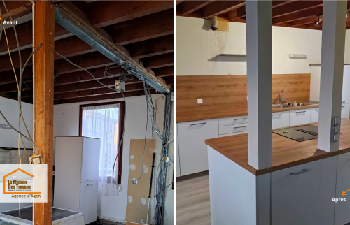 Rénovation de cuisine à Colayrac-Saint-Cirq (47450) : ouverture des cloisons et création d’un îlot central moderne avec hotte intégrée. Projet coordonné par Sandrine Férin, courtière en travaux à Agen.