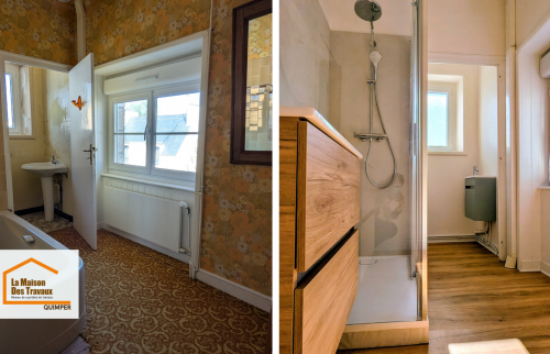 Rénovation de salle de bain au Guilvinec : transformation complète avec douche moderne, meuble bois et espace optimisé.