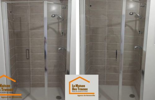 Douche avec receveur carrelage marron clair