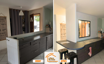 verrière intérieure cuisine, plan de travail-bar sur mesure, rénovation cuisine Chamoux-sur-Gelon, modernisation cuisine