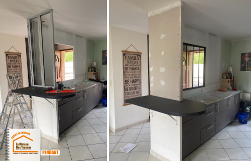 rénovation cuisine La Clusaz, verrière métal noir cuisine, plan de travail sur-mesure bar, artisan rénovation intérieure Chamonix, optimisation espace cuisine montagne