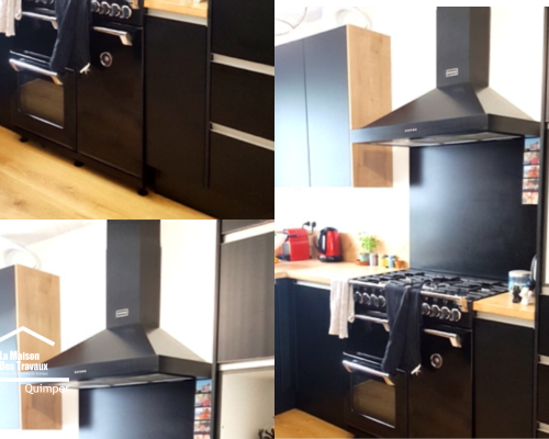 Aménagement d'une cuisine sur mesure à Quimper avec plan de travail en bois, nombreux rangements et espace cuisson parfaitement intégré.