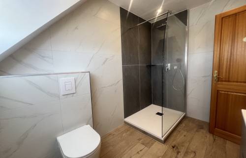 Nouvelle salle de bain avec douche vitrée, WC suspendu et revêtements contemporains.