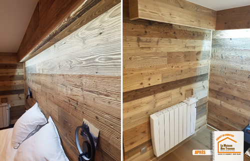 rénovation appartement Chamonix, chambre style chalet moderne, bardage bois intérieur, aménagement chambre montagne, la maison des travaux sallanches, bardage bois