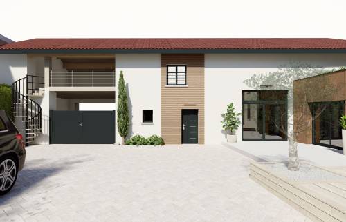 Projection 3D du projet final : transformation de la grange et extension bois pour réunir les bâtiments