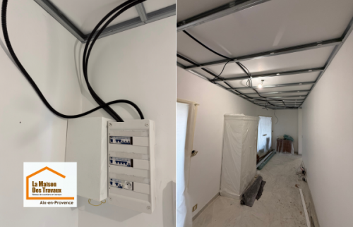 Travaux de rénovation électrique dans un appartement à Aix-en-Provence : reprise complète des circuits avant la pose du plafond et les finitions intérieures.