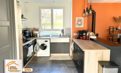 pose carrelage design, carrelage effet pierre, faux plafond avec spots, peinture murale rénovation, revêtement sol cuisine