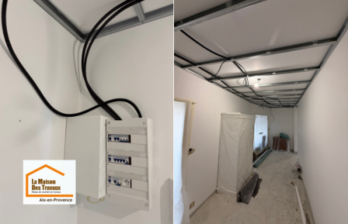 Travaux de rénovation électrique dans un appartement à Aix-en-Provence : reprise complète des circuits avant la pose du plafond et les finitions intérieures.