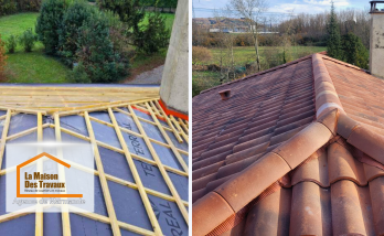 Une toiture en pleine rénovation – Pose du pare-pluie et des liteaux, première étape essentielle avant la pose des tuiles pour assurer une parfaite étanchéité.