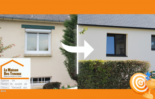 Rénovation de façade avant/après proche d’Anet. Modernisation des menuiseries par Raphaël et Jannely GIL PEREZ, courtiers en travaux.