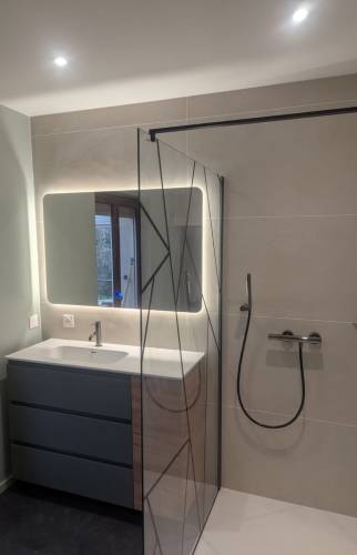 Nouveau meuble vasque et paroie de douche graphique et design