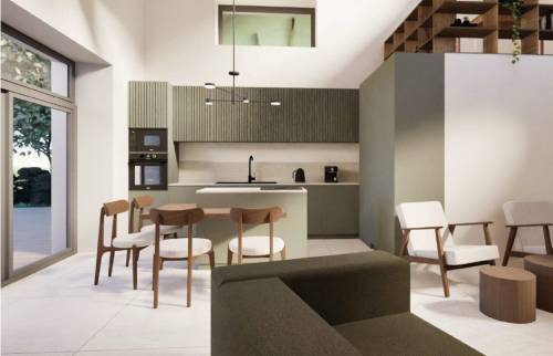 Vue intérieure du futur espace de vie après rénovation de la grange et création d’une extension contemporaine