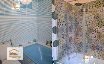 Avant / après d’une rénovation de salle de bain entre Agen et Boé : transformation complète d’un espace ancien en une pièce moderne et lumineuse.