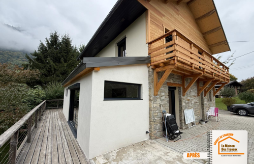 La Maison des Travaux Moûtiers, extension contemporaine Mercury, rénovation globale maison, projet agrandissement Savoie, habillage façade pierre