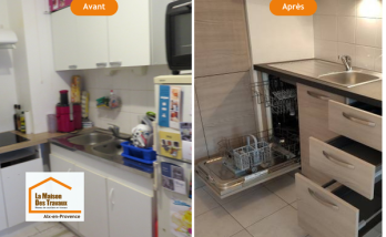 Avant / après d’une rénovation de cuisine près de Venelles. Transformation complète d’une cuisine ancienne en espace moderne, fonctionnel et parfaitement optimisé grâce à l’accompagnement de Laurent Nemer.