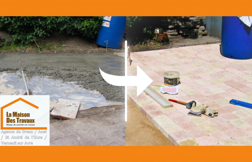 Pose de pavés à Dreux : transformation d’une base bétonnée en terrasse esthétique avec pierre reconstituée.