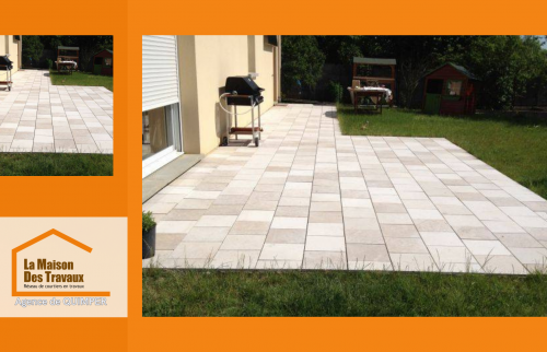 Terrasse terminée à Plomeur : carrelage haut de gamme posé avec rigueur, parfait pour valoriser une maison secondaire.