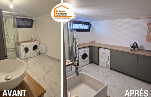 façade vert jonc, aménagement fonctionnel moderne, rangement buanderie design, couleur tendance intérieur, mobilier sur-mesure