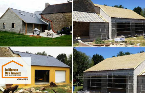 Projet de construction de garages proche de Quimper : vue globale de l’extension accolée à la maison existante, coordination artisanale et respect des volumes architecturaux.