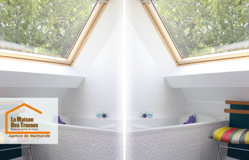 Optimisez vos combles avec une salle de bain lumineuse : fenêtres de toit, textures élégantes et aménagement sur-mesure près de Marmande.