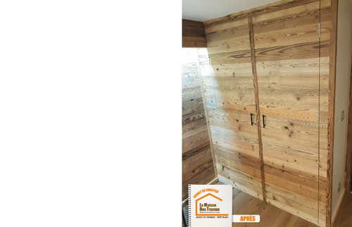 création cloison appartement, chambre cosy montagne, placard bois sur mesure, rénovation logement Chamonix, artisan local menuiserie