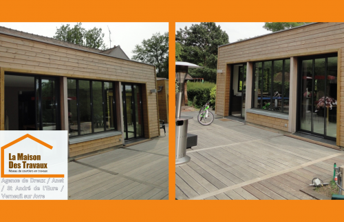 Agrandissement bois sur terrasse à Dreux, signé La Maison Des Travaux Dreux / Anet : esthétique naturelle et isolation haut de gamme.